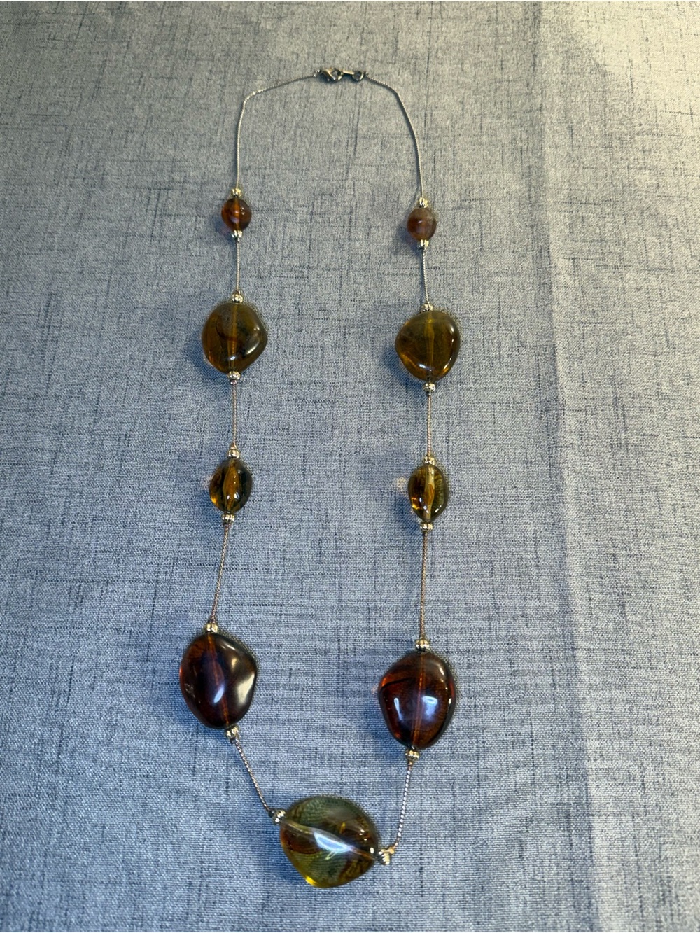 Vintage Amber Tone Lucite Acrylic Nugget Station Necklace 30" Earth Tone Boho